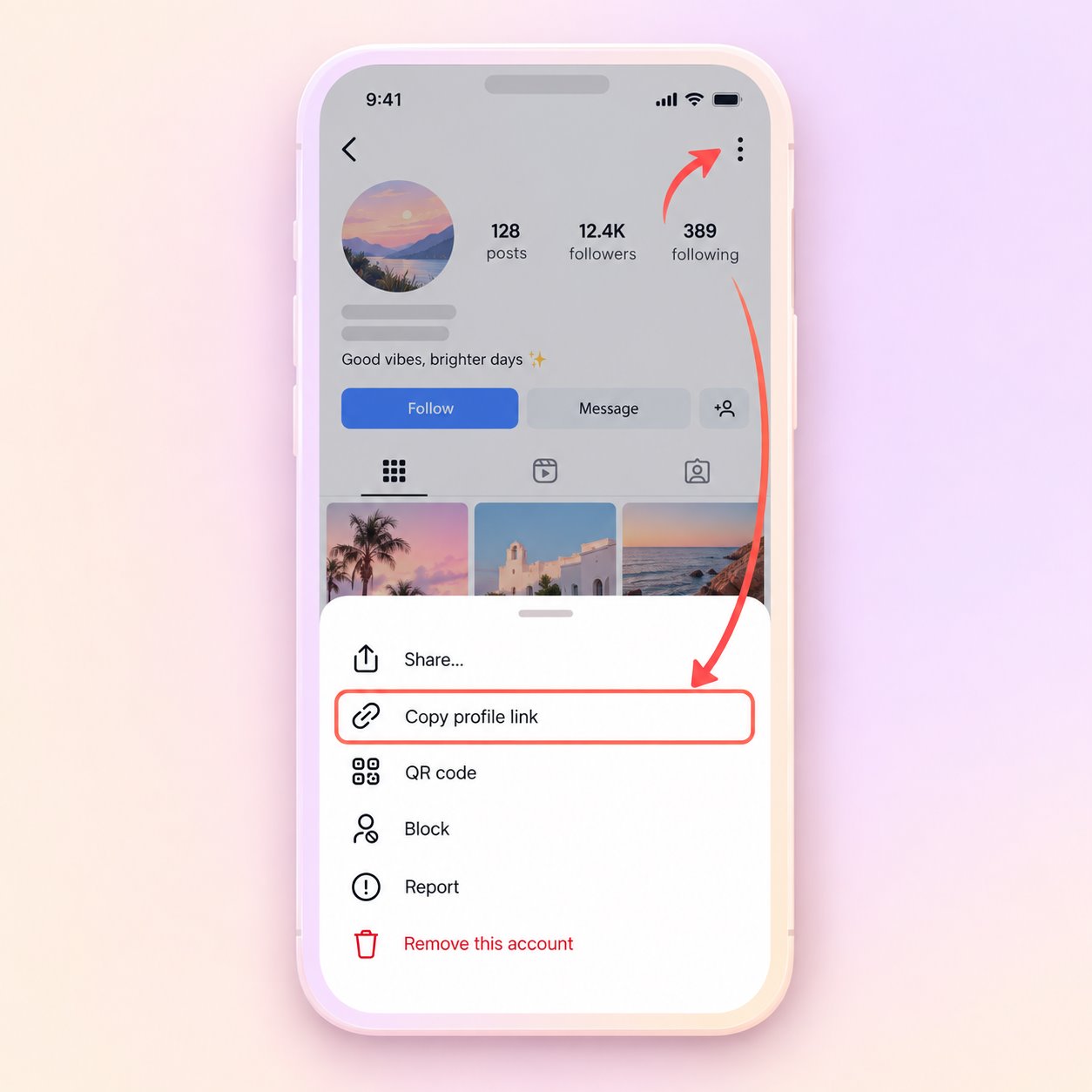 Copy a public profile link from the share menu