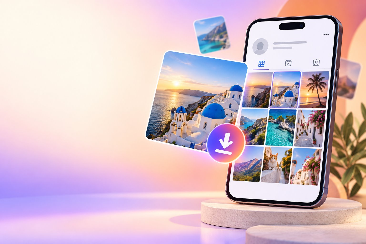 Phone showing a public photo grid and a selected travel photo with a download symbol