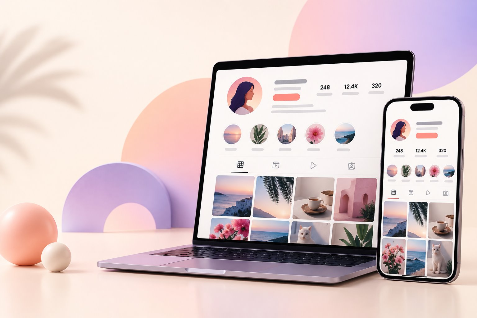 Laptop and phone showing a generic public profile with story circles and a photo grid