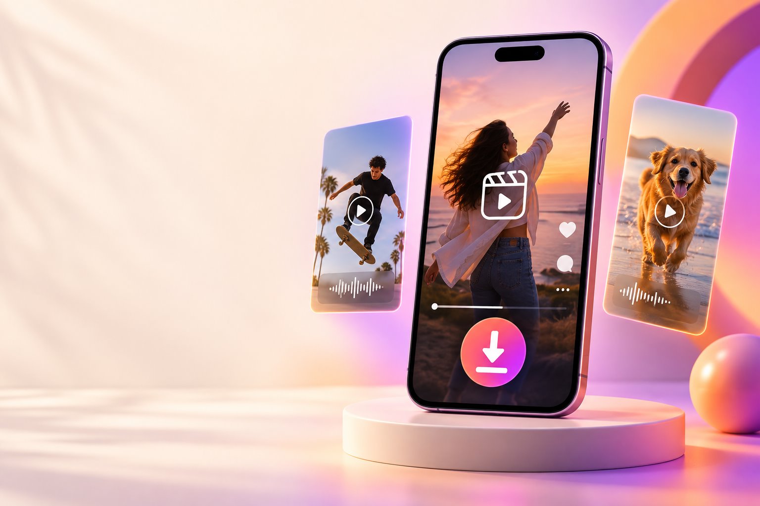 Phone previewing short vertical videos with a download symbol