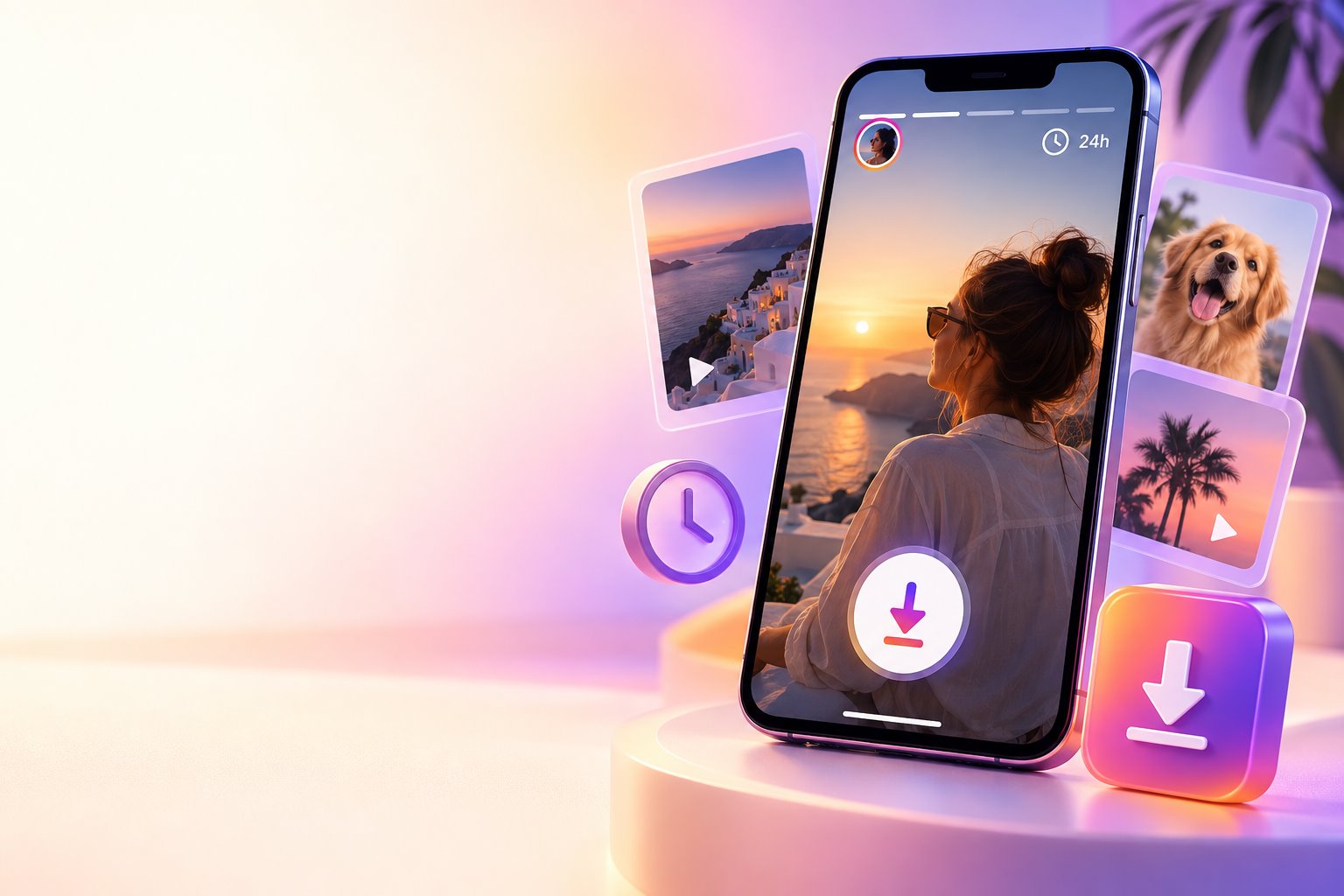 Phone displaying a temporary public Story with a clock and download symbol