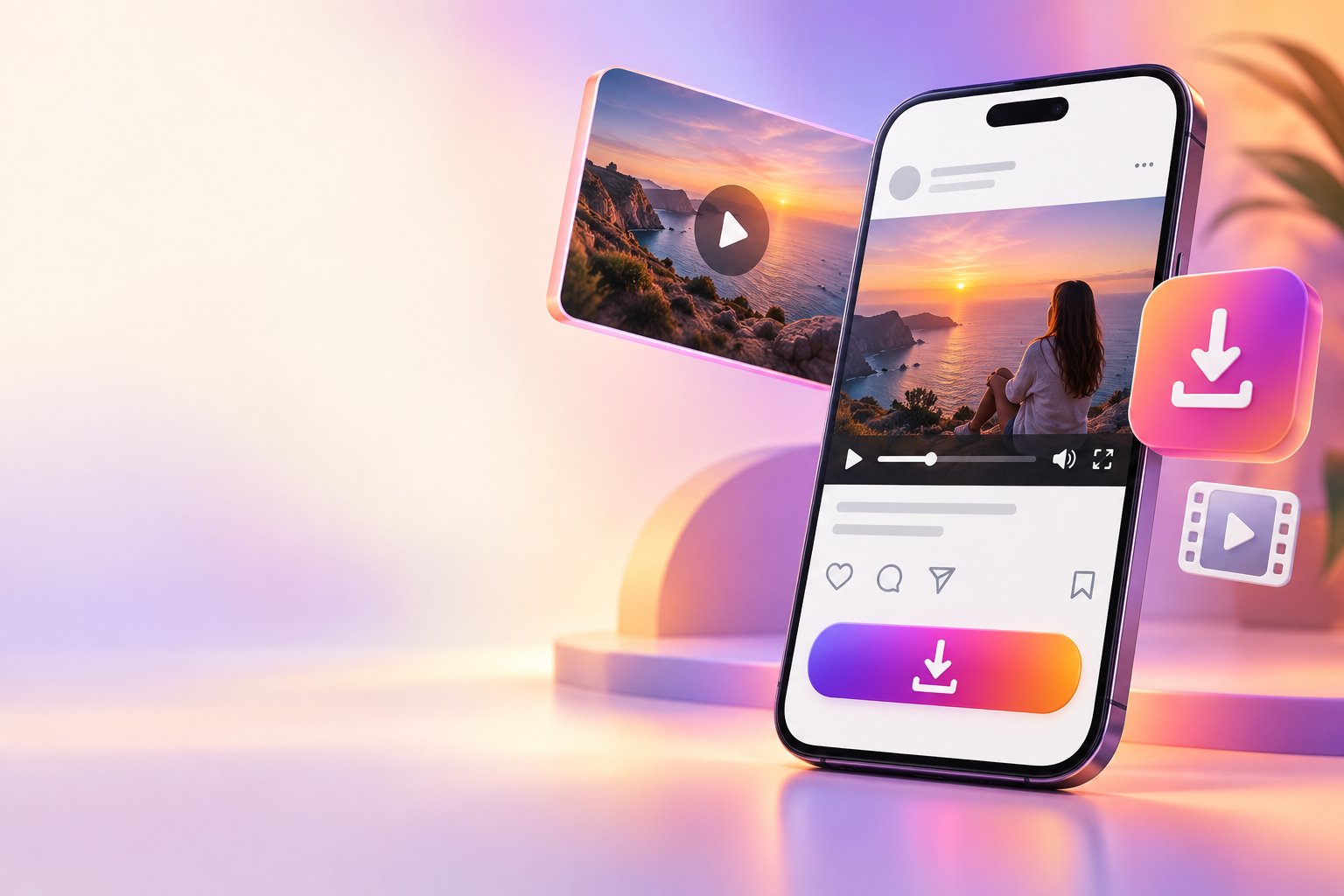 Phone previewing a landscape public video post with a download symbol
